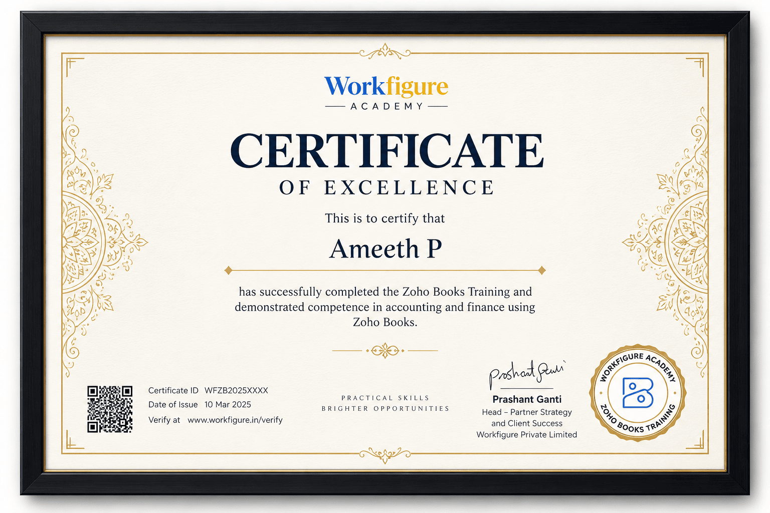 Workfigure Academy Zoho Books certificate of excellence